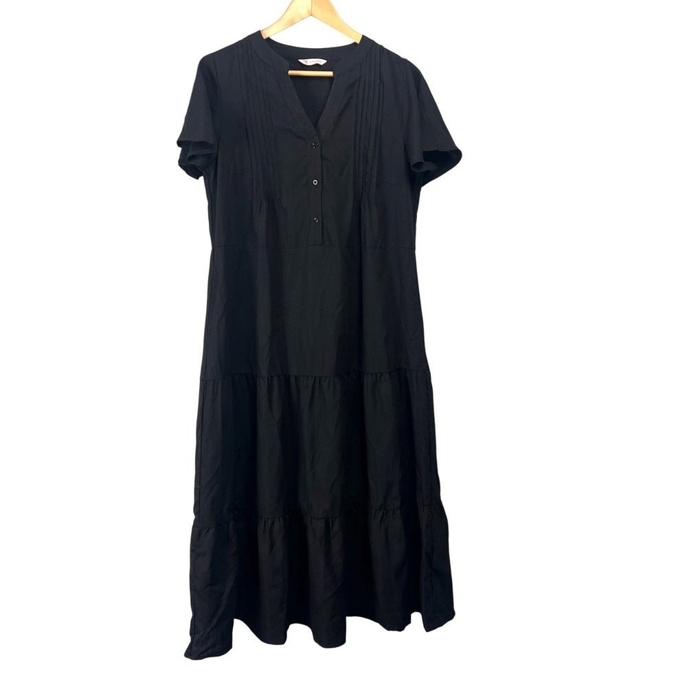 Kirundo Black Tiered Midi Dress Womens‎ M Short Sleeve V-Neck Pintuck Pockets